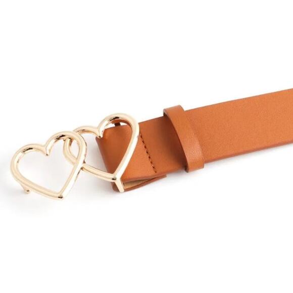 Belt Vegan Leather Camel Tan NEW 27"-35" Gold Tone Double Heart Total 40" - Picture 2 of 9